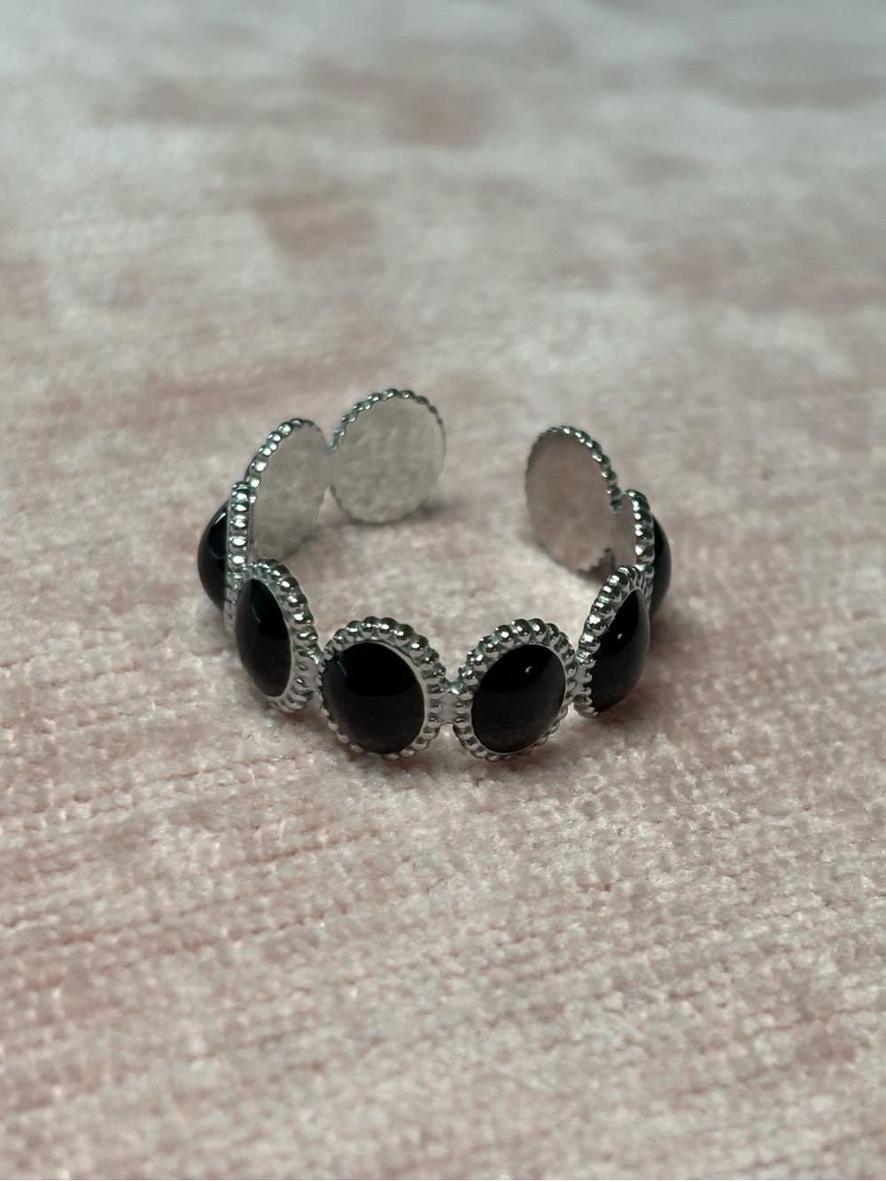 Elegant Black Stone Silver-Tone Open Ring